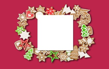 Tasty sweet gingerbread cookies. Snowflake, star, man, angel, candy shapes