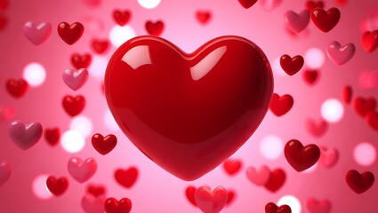 3D Rendered Glossy Red Heart with Floating Hearts on Pink Bokeh Background