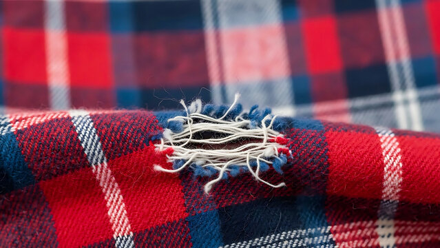 Hole in worn red and blue plaid fabric texture