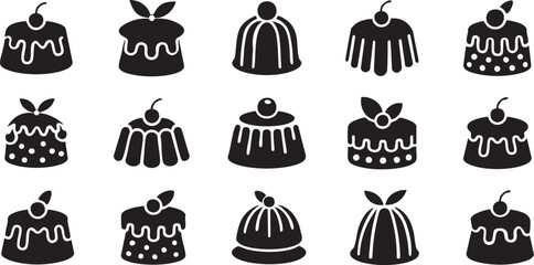 Collection of Black and White Pudding and Cake Icons with Toppings dessert sweet