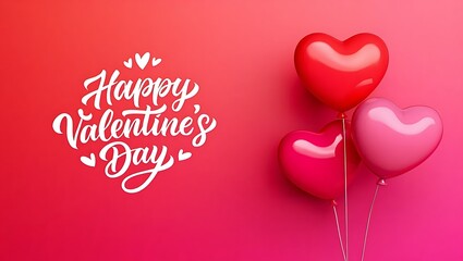 Happy Valentine's Day Calligraphy with 3D Realistic Glossy Heart Balloons on Pink Gradient Background
