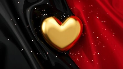 Luxury 3D Golden Heart on Split Black and Red Background with Sparkles