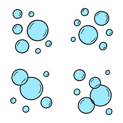Soap bubbles doodle set. Blue water foam and sparkle hand drawn illustration on transparent background