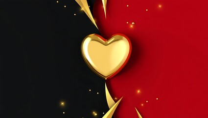 Luxury 3D Golden Heart on Split Black and Red Background with Sparkles