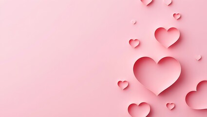 Pastel Pink Background with Floating 3D Paper Cut Hearts and Copy Space for Valentine's Day