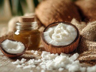 A jar of coconut oil is next to a half opened coconut. There is also some coconut on the table