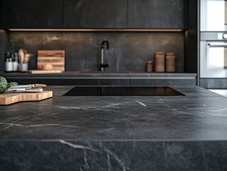 A black granite countertop with a black stove top. A wooden cutting board is on the counter