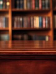 A wooden desk in a library setting with a bookcase blurred in the background.
