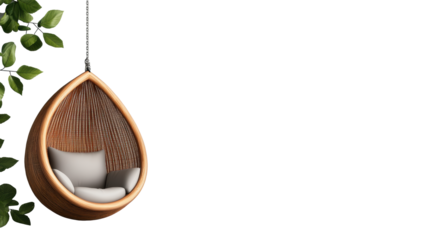 Cocoon chair with plush cushions on transparent background