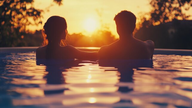 A man and woman enjoying a tranquil moment together in a pool as the sun sets.