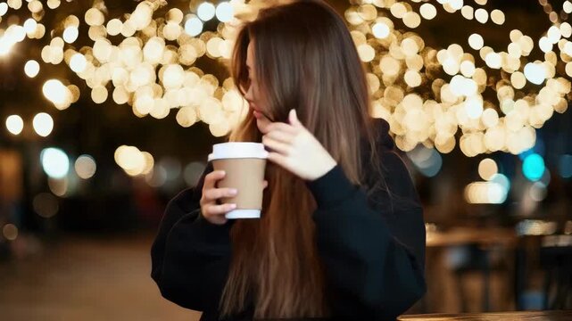 A young woman sits comfortably, sipping coffee and smiling softly while enjoying the warm ambiance of beautiful lights
