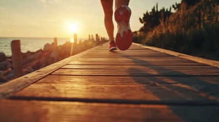 A person jogging at sunset on a wooden dock by the ocean.