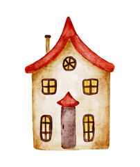 Small watercolor house with red roof and brown details, clip art isolated on white.