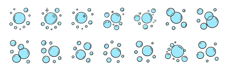 Soap bubbles doodle set. Water foam fizz and sparkle illustration on transparent background