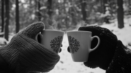 A moment of connection and comfort, as two people share a cup of hot beverage against the backdrop of a snowy forest.