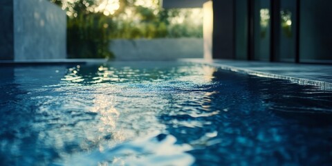 A tranquil outdoor swimming pool at dusk with a serene reflection of the sky.