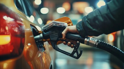 An individual filling up the gas tank of a car at night.