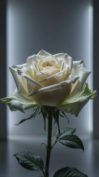 pristine white rose dominates dark background, bathed in soft shadows, evoking tranquility and elegance, floral themes, romantic mood, still life, delicate beauty, serene composition
