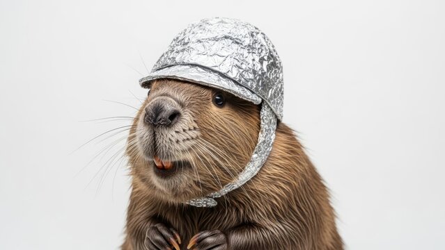 beaver wearing a tinfoil hat, paranoid, paranoia, on a white background, animal photo