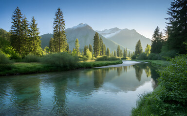 Serene mountain river reflecting tall evergreen trees and majestic peaks