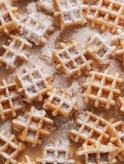 A mouthwatering image of a plate filled with freshly made waffles and generously dusted with powdered sugar.