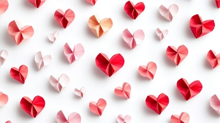 A collection of paper hearts in various shades of pink and red.