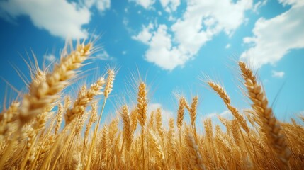 Close-up of tall golden wheat stalks against clear blue background with fluffy white clouds. Agricultural scene ideal for food and farming themes.