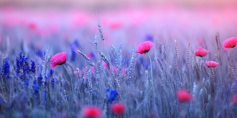 Striking landscape photograph of a field filled with vibrant poppies and lavender flowers at sunset, with deep purple hues in the sky.