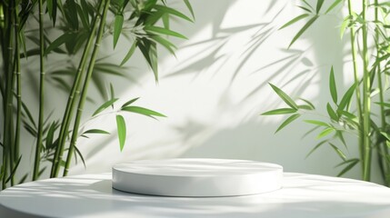 A contemporary indoor space with bamboo plants and a minimalistic design element on the table.