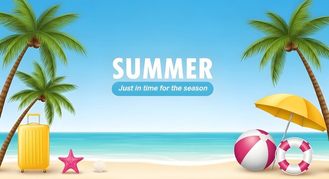 Tropical beach scene with palm trees and summer accessories - Powered by Adobe