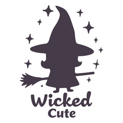 Silhouette of a witch with a hat on a broom surrounded by stars with the phrase wicked cute below it
