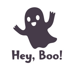 Illustration of a cartoon ghost with its arms raised and the text hey boo below it on a white background