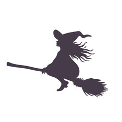 Silhouette of a witch with a pointed hat riding a broomstick in a halloween themed illustration