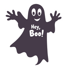 A whimsical halloween ghost with outstretched arms and the words hey boo on its chest design element