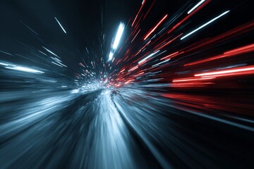 Abstract light trails in motion with red and blue streaks creating a sense of speed and energy