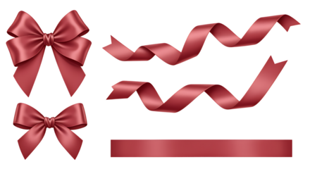 Elegant red ribbon bows and curved ribbons perfect for design uses on transparent background.