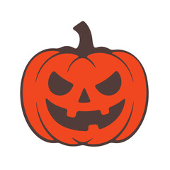 An illustration of a jack o lantern with a menacing expression and a brown stem on a white background