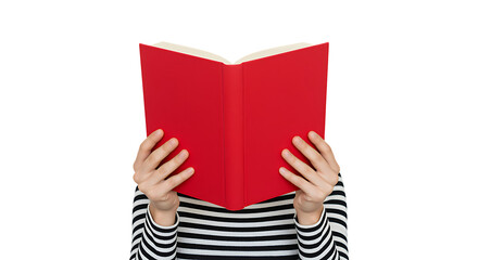 Hands holding an open red book covering a face ideal for design on transparent background.