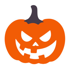 Illustration of a halloween pumpkin with a scary face and a dark stem on a white background