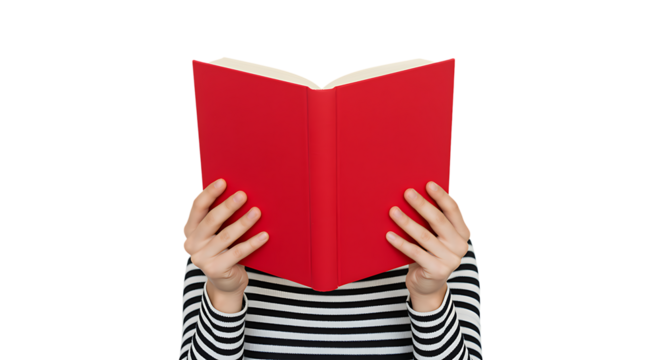 Hands holding an open red book covering a face ideal for design on transparent background.