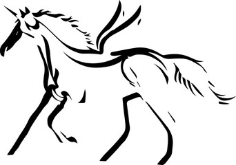 Majestic winged unicorn in dynamic stride, a symbol of fantasy and dreams, perfect for magical brands seeking an elegant, mythical feel, vector art style