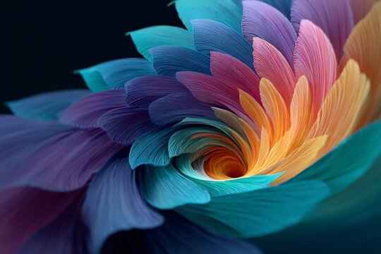 Abstract swirl of colorful petals in a gradient pattern with a dark background creating depth and texture - Powered by Adobe