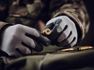 Close-up of gloved military hands handling bullets and preparing ammo in combat gear