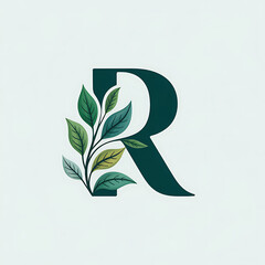 Elegant letter r with green leafy branch accent