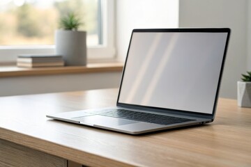 Fototapeta premium Laptop on Desk: A modern laptop rests on a light-colored wooden desk, with its blank screen. The workspace is bathed in natural light and enhanced by plants.