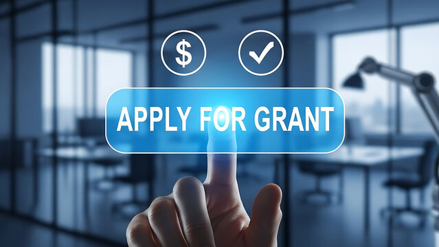 Finger presses glowing blue button to apply for grant with dollar and checkmark icons