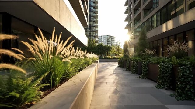 Modern urban courtyard with lush greenery and sunlight