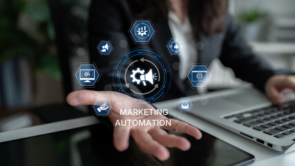 Marketing automation diagram showcase AI-driven campaign workflow, highlight marketing automation,...
