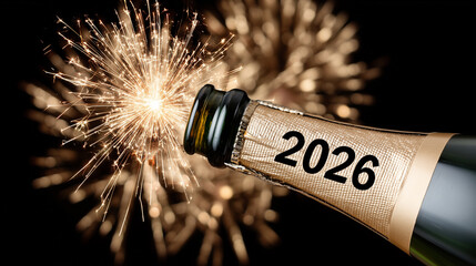 Naklejka premium Champagne bottle popping under golden fireworks with 2026 text,