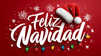 Merry Christmas t-shirt design with the words 'Feliz Navidad' and a Santa hat on top of it, with colorful Christmas lights around the text, in a white calligraphy font, on a red ba